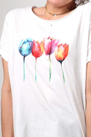 Camiseta blanca manga corta Tulipanes
